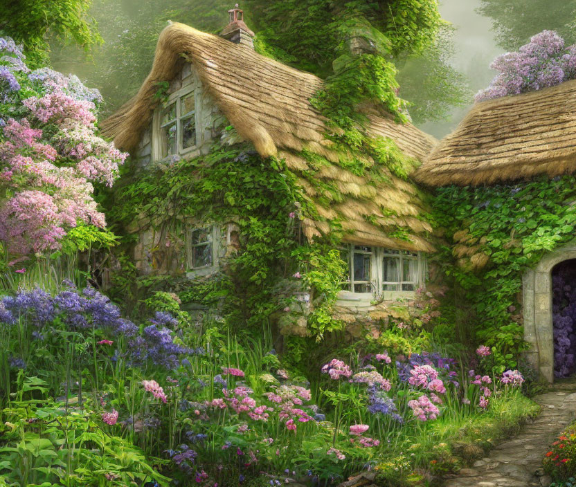 Quaint Thatched-Roof Cottage Surrounded by Lush Greenery and Colorful Blossoms