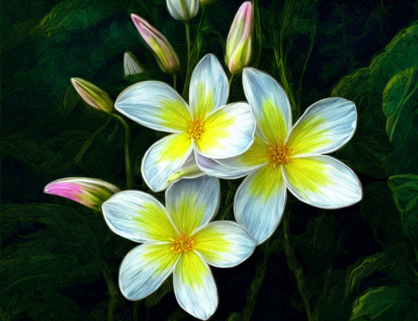 Colorful digital painting of white and yellow flowers on dark green background