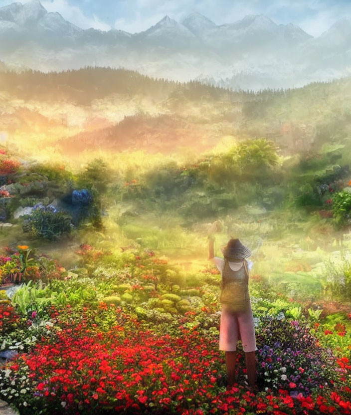 Person in Hat Admiring Vibrant Garden with Mountain Peaks at Sunrise