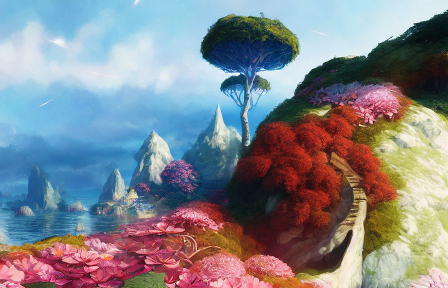 Colorful Flora and Mountains in Fantasy Landscape