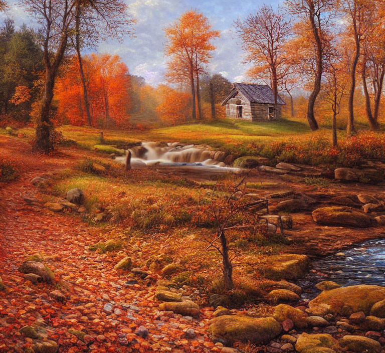 Tranquil autumn landscape with waterfall, stream, colorful trees, leaves, and cabin