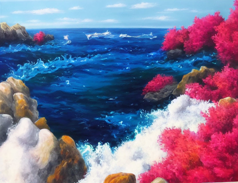 Scenic painting of vibrant blue sea, white waves, rocky shores, pink foliage, cloudy sky