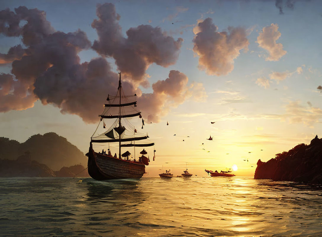 Sunset seascape with sailing ship, golden sky, small boats, rocky shores, clouds, and