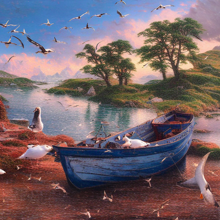 Weathered Blue Boat Surrounded by Seagulls in Scenic Landscape