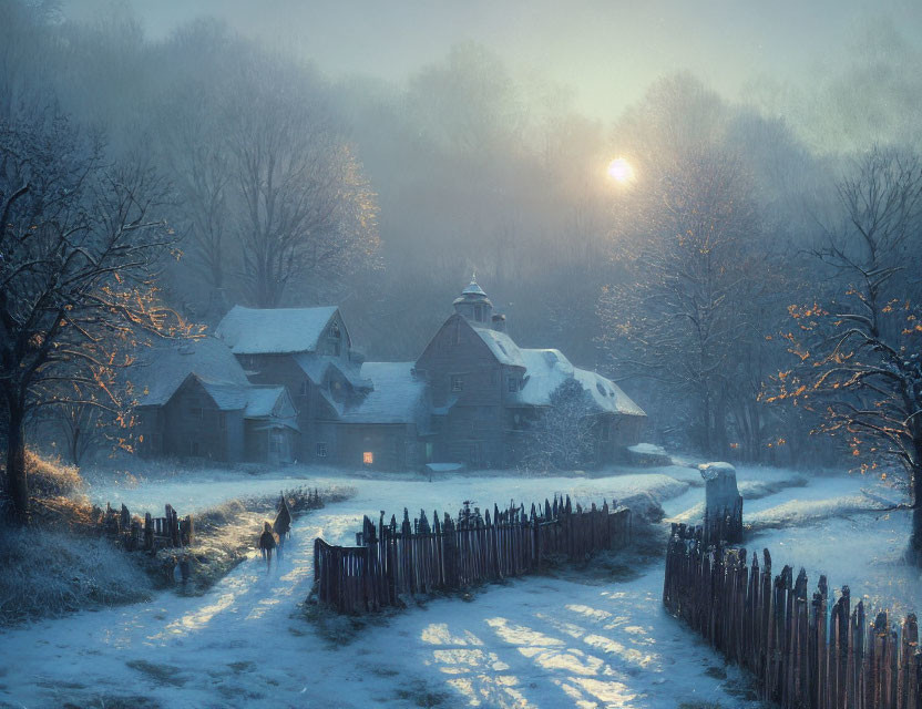 Snow-covered village with glowing cottage and figure in winter dusk