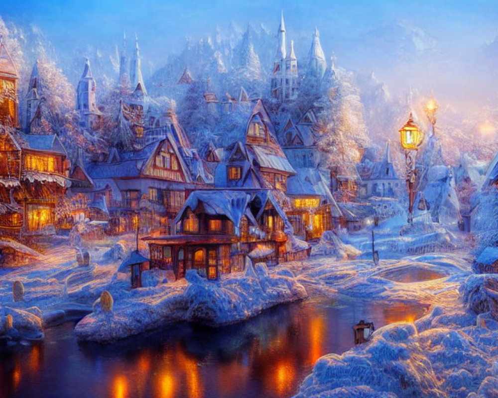 Snow-covered village with glowing lanterns by serene river