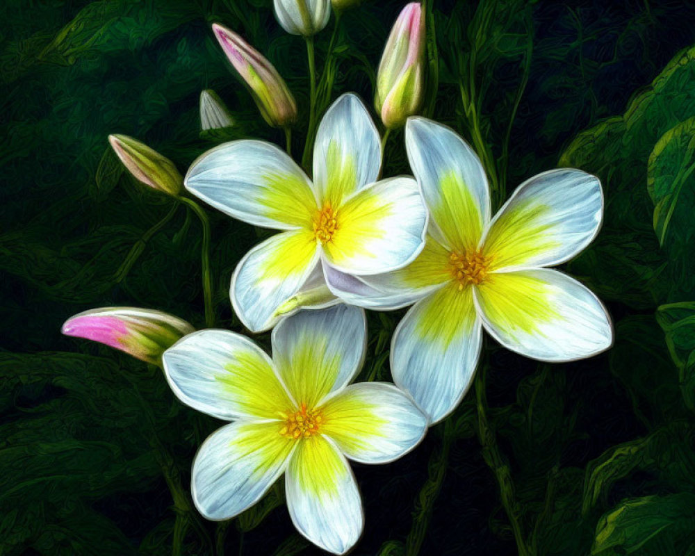 Colorful digital painting of white and yellow flowers on dark green background