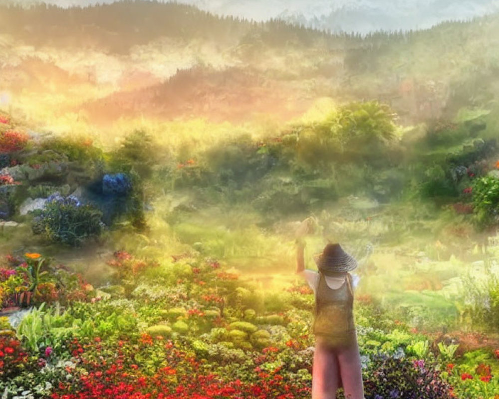 Person in Hat Admiring Vibrant Garden with Mountain Peaks at Sunrise