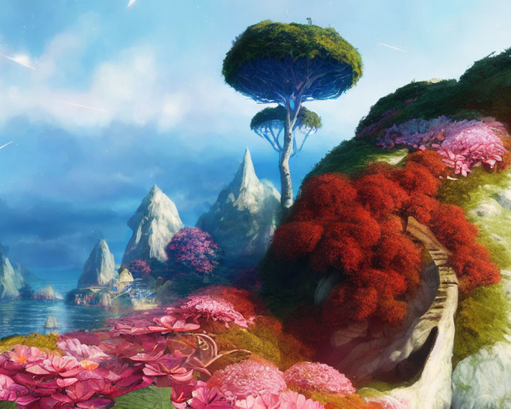 Colorful Flora and Mountains in Fantasy Landscape