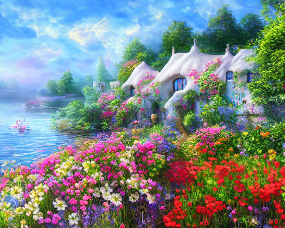 Colorful Cottage by River Surrounded by Lush Flowers