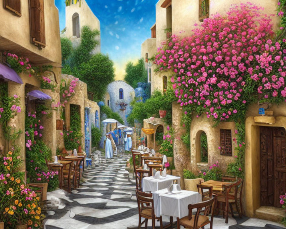 Picturesque cobblestone street with colorful flowers and outdoor cafes under umbrellas