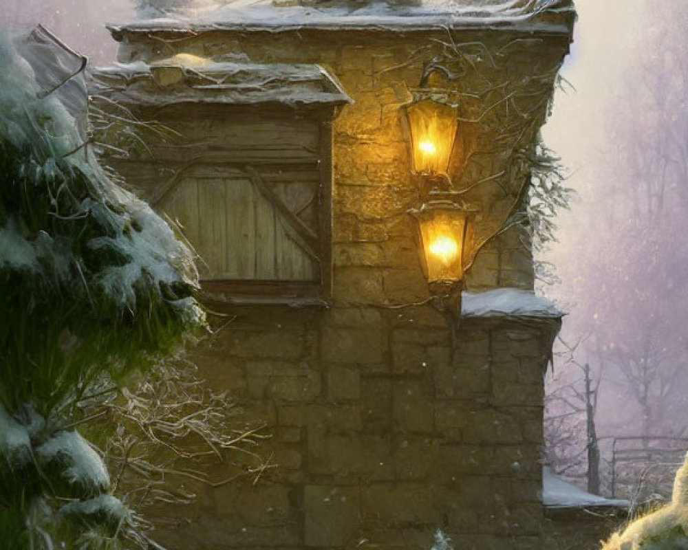 Snow-covered trees surround glowing stone cottage at dusk