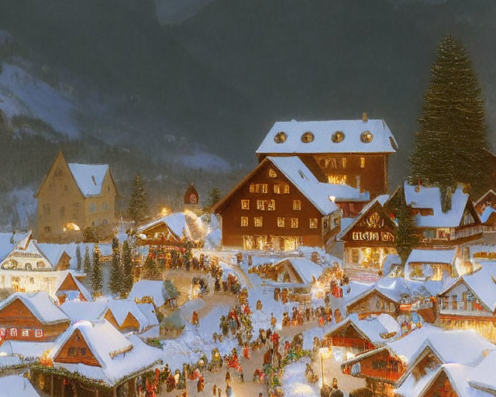 Snowy Alpine village holiday market at twilight with festive stalls and mountain backdrop