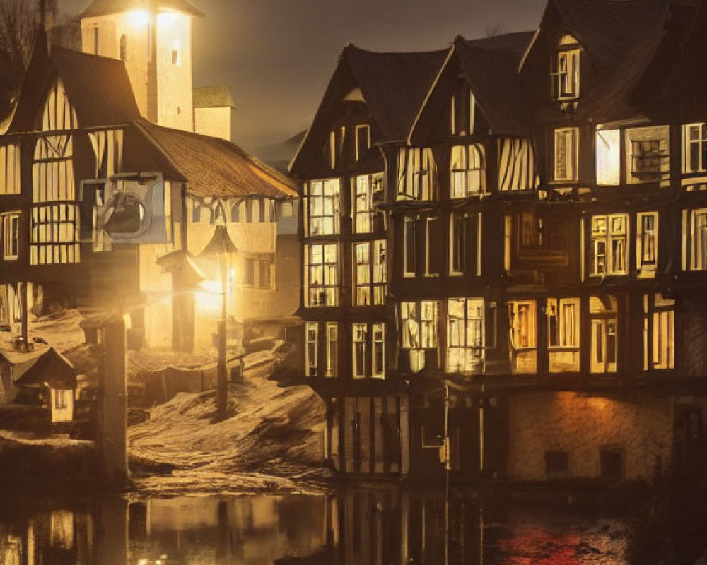 Half-Timbered Houses Illuminated by River at Night