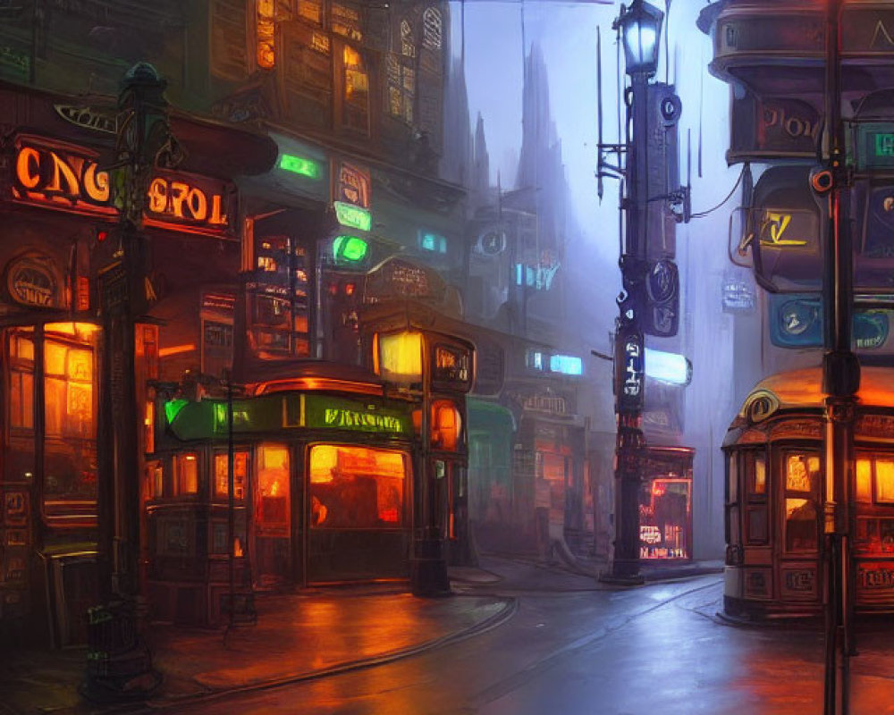 Neon-lit street scene at dusk with old-style buildings and tram