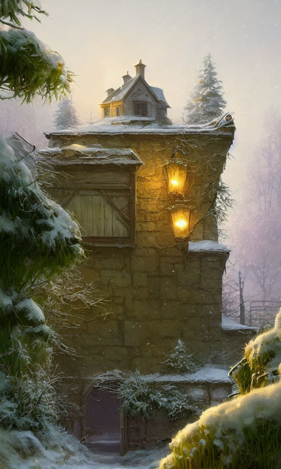 Snow-covered trees surround glowing stone cottage at dusk