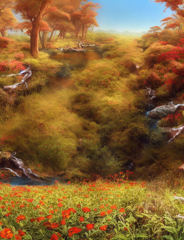 Scenic landscape with stream, red flowers, and autumn trees