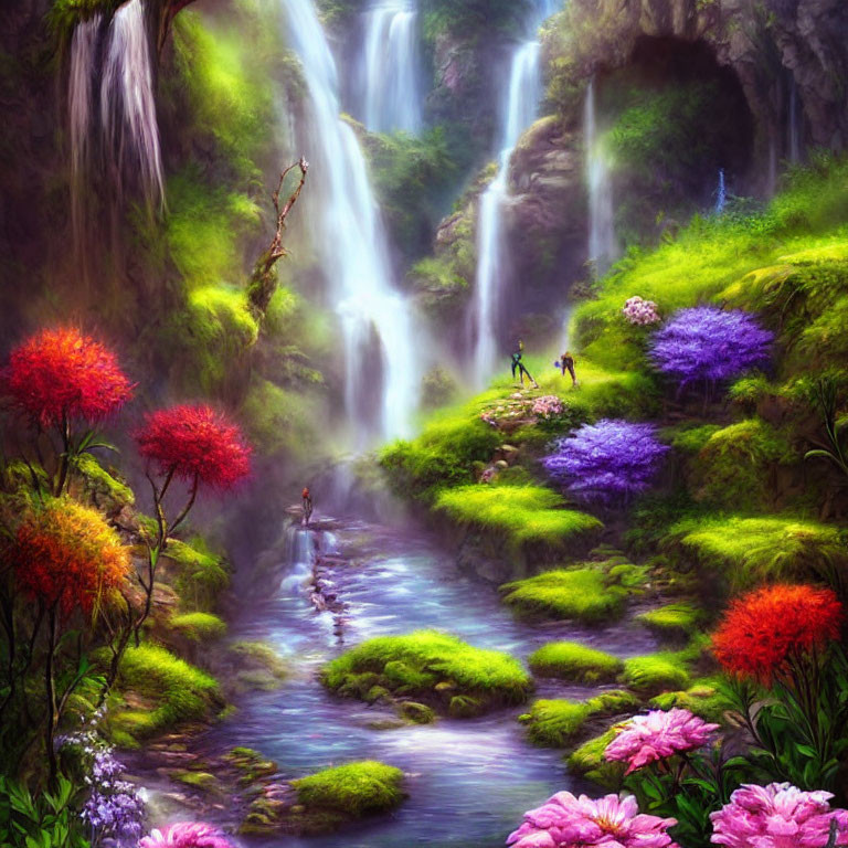 Vibrant fantasy landscape with flowers, waterfalls, and figures