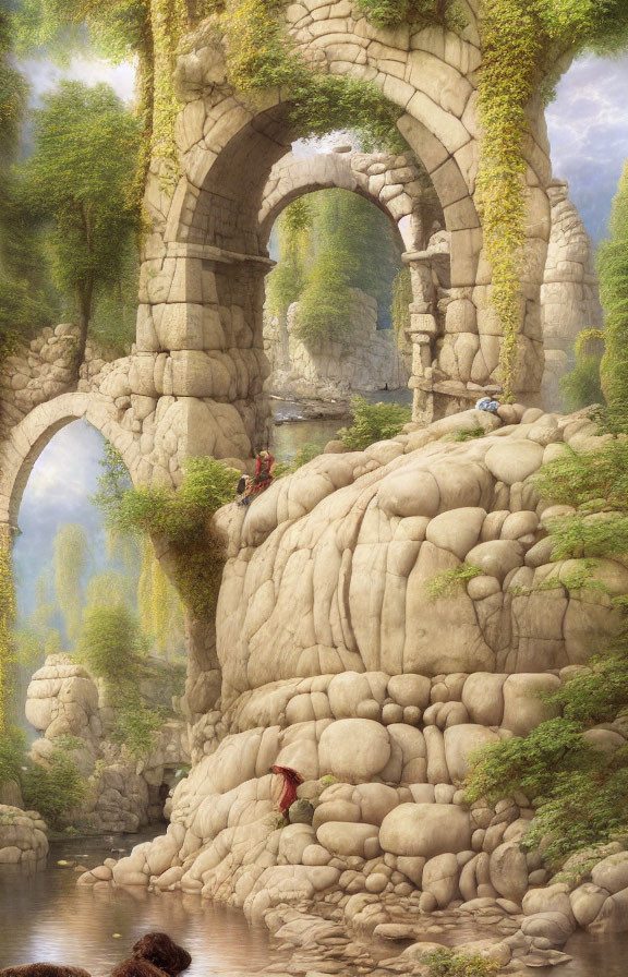 Tranquil nature scene with ancient stone arches, greenery, water, and figure.