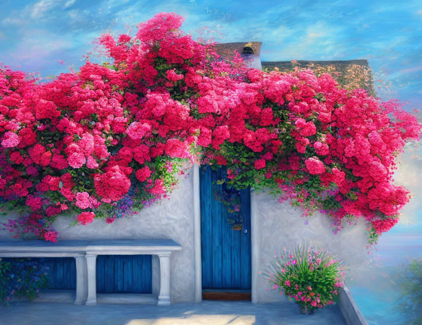 Blue Door in White Wall with Pink Bougainvillea Blooms under Clear Sky