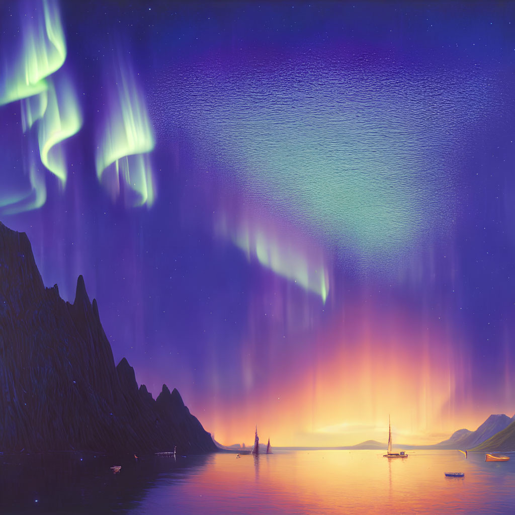 Mountainous Coastline with Vibrant Aurora Borealis and Sailboats at Night