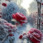 Pink roses over serene forest stream under soft glowing light