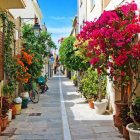 Picturesque cobblestone street with colorful flowers and outdoor cafes under umbrellas