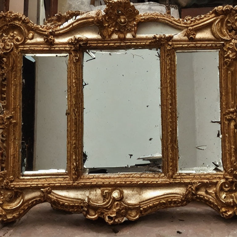 Ornate gold-framed broken mirror with visible cracks