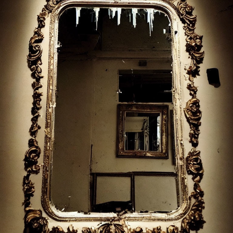 Vintage Ornate Mirror Reflecting Another Mirror in Dimly Lit Interior