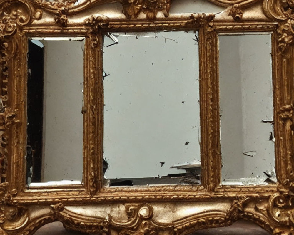 Ornate gold-framed broken mirror with visible cracks