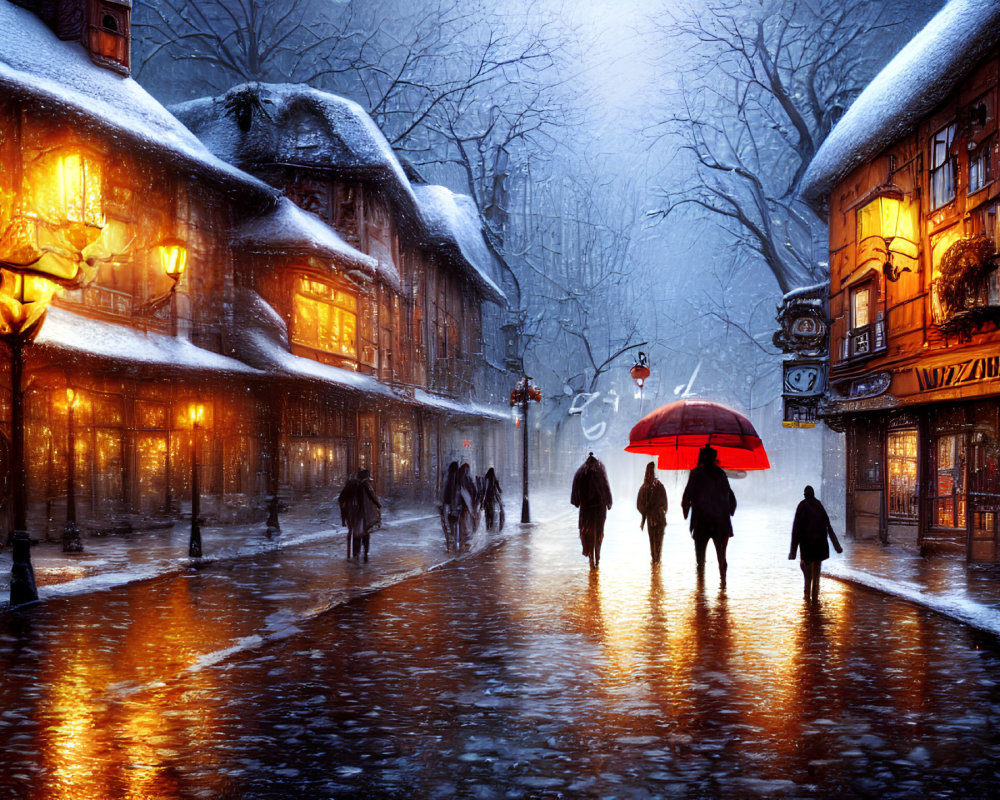 Snowy Evening Street Scene with Red Umbrella