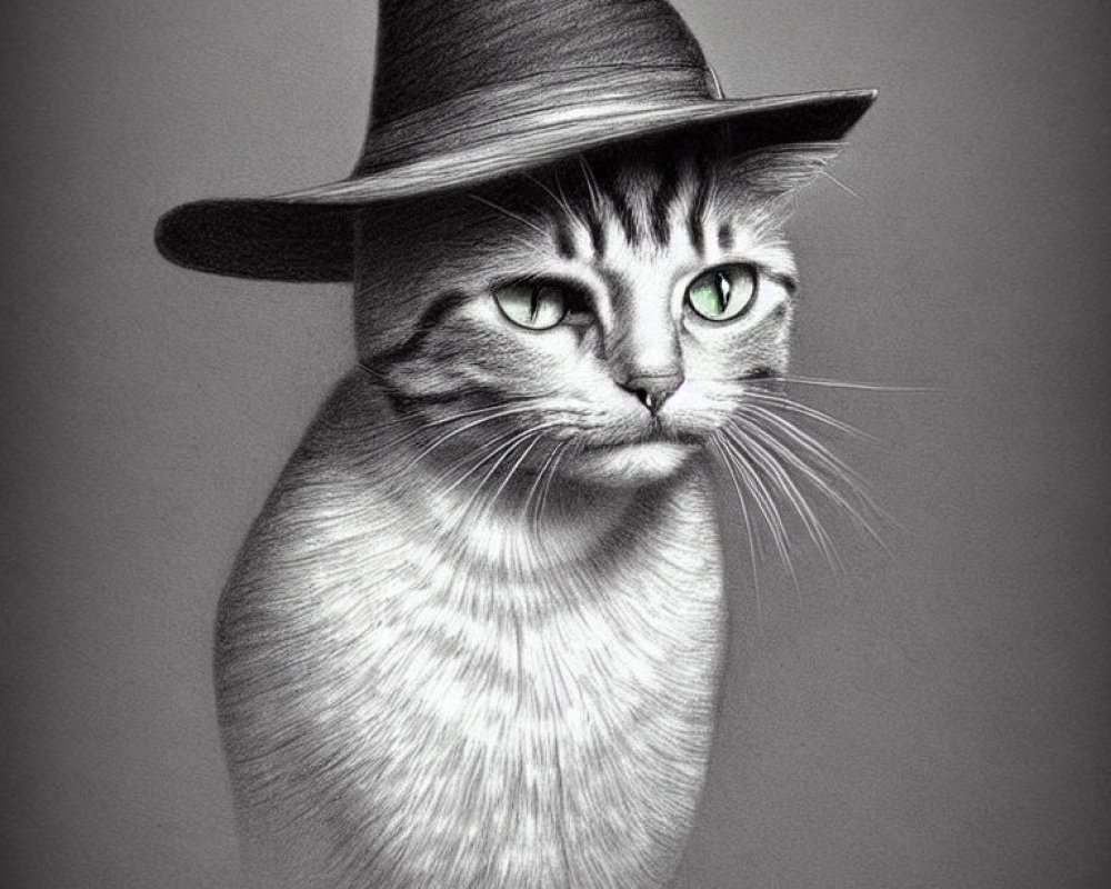 Sketched Cat with Green Eyes in Witch Hat on Gray Background