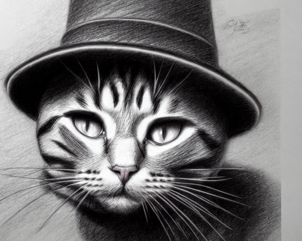 Detailed Pencil Drawing of Cat in Top Hat with Unique Markings