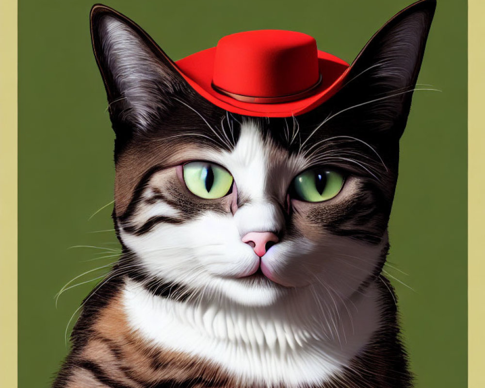 Digital illustration of a cat with green eyes, striped fur, and red hat on green background