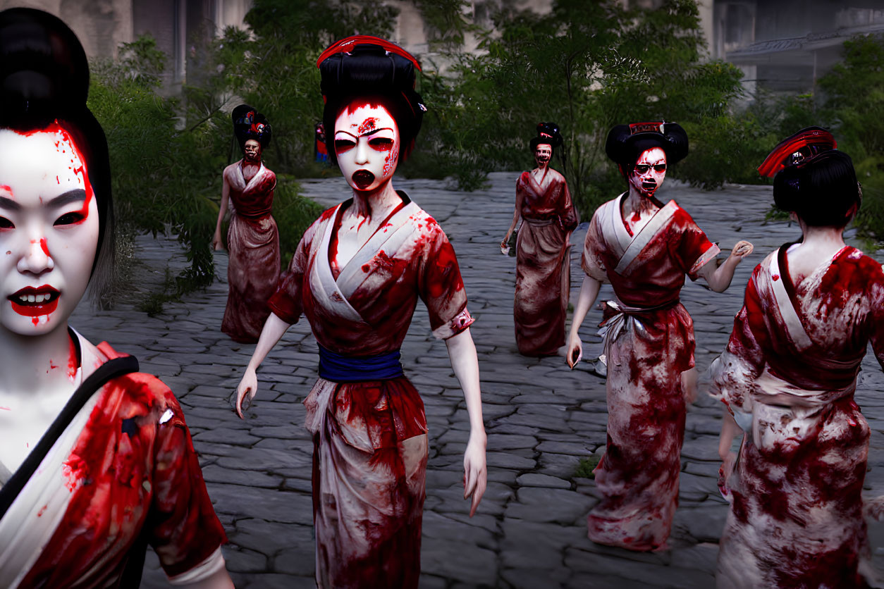 Ominous Geisha-Like Figures on Stone Path in Dark Setting