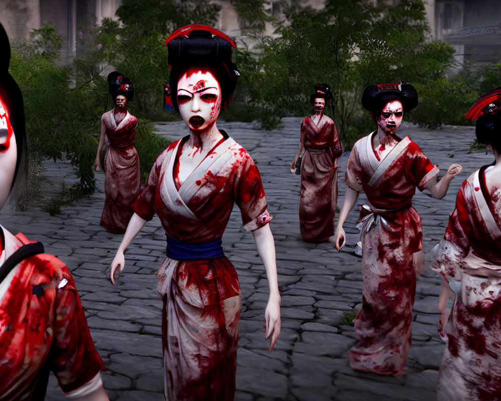 Ominous Geisha-Like Figures on Stone Path in Dark Setting