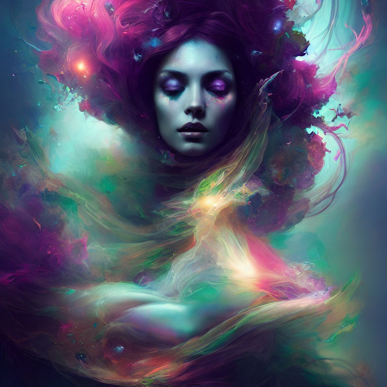 Vibrant cosmic colors in surreal portrait with nebula-like hair
