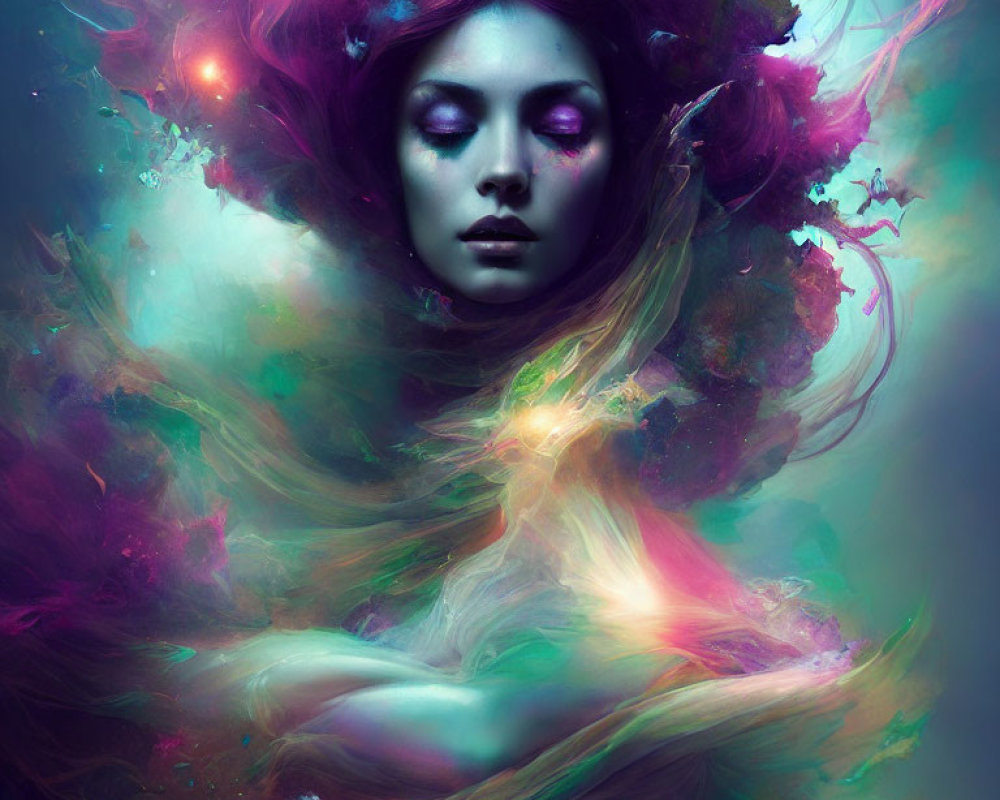 Vibrant cosmic colors in surreal portrait with nebula-like hair