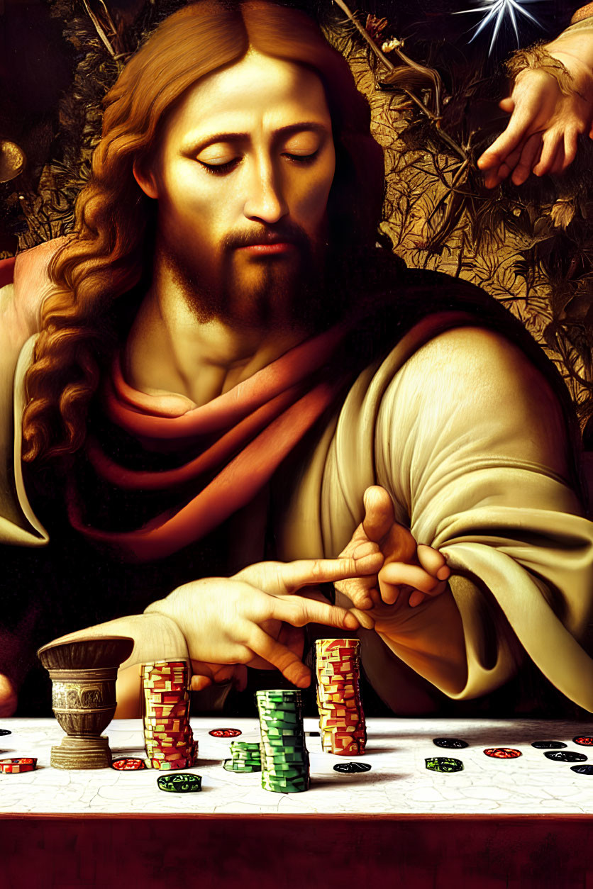 Religious-themed digital artwork with Jesus-like figure at poker table