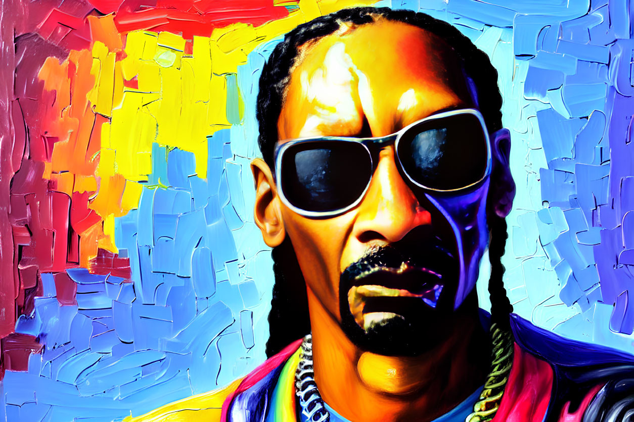 Colorful artwork featuring man with sunglasses on abstract background