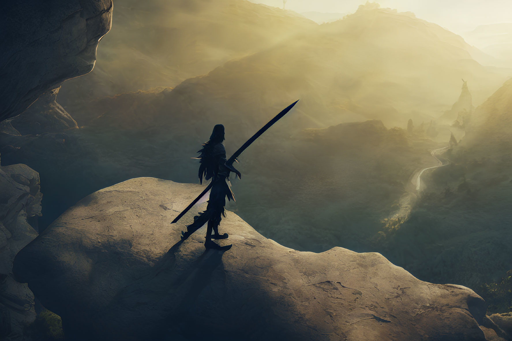 Silhouetted warrior with sword on cliff overlooking golden valley.