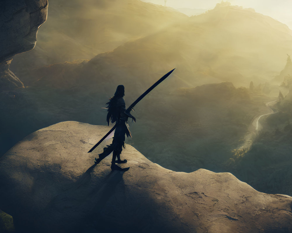 Silhouetted warrior with sword on cliff overlooking golden valley.