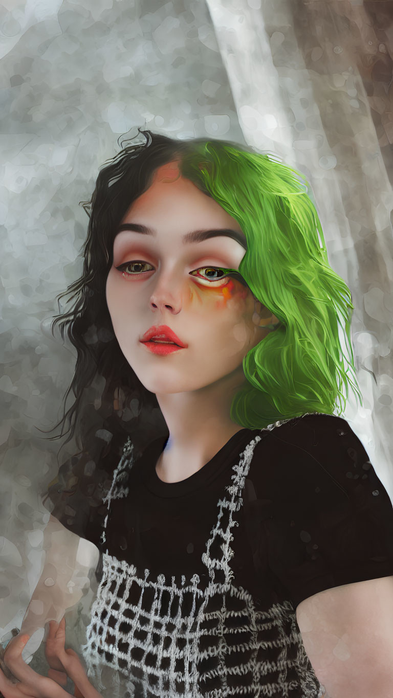 Vibrant digital portrait of young woman with green hair and colorful makeup