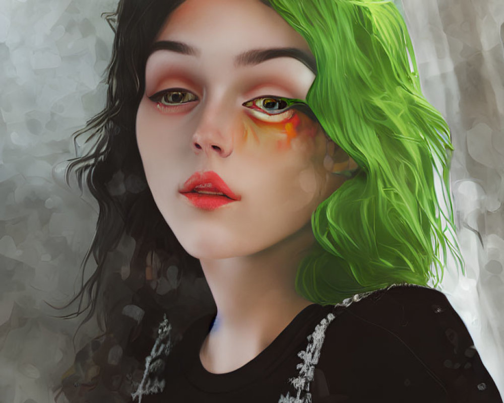 Vibrant digital portrait of young woman with green hair and colorful makeup