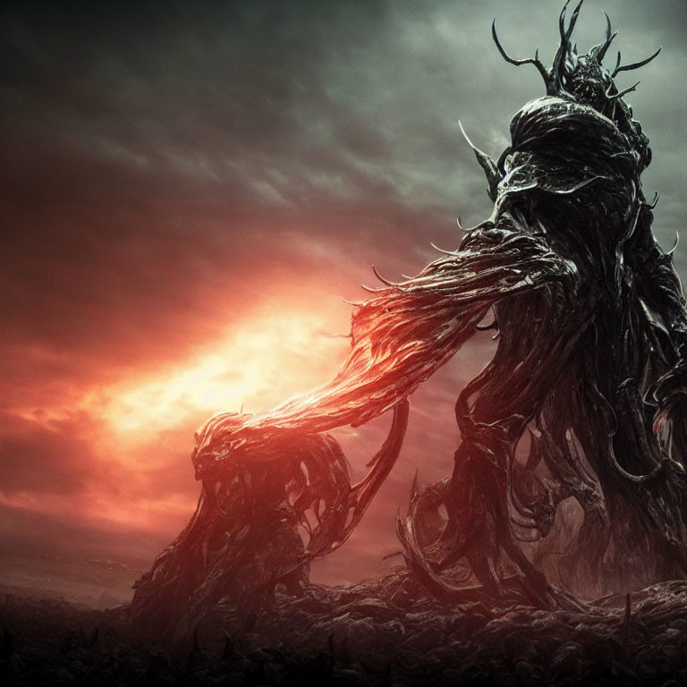 Dark fantasy creature with twisted roots and branches against fiery red sky