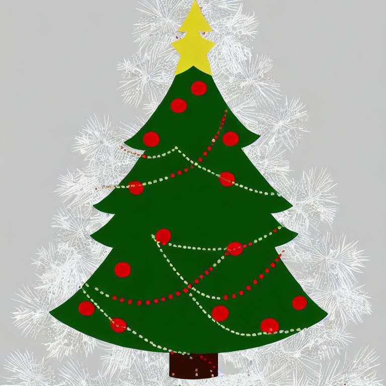 Green Christmas tree with red ornaments and gold garland on snowflake background