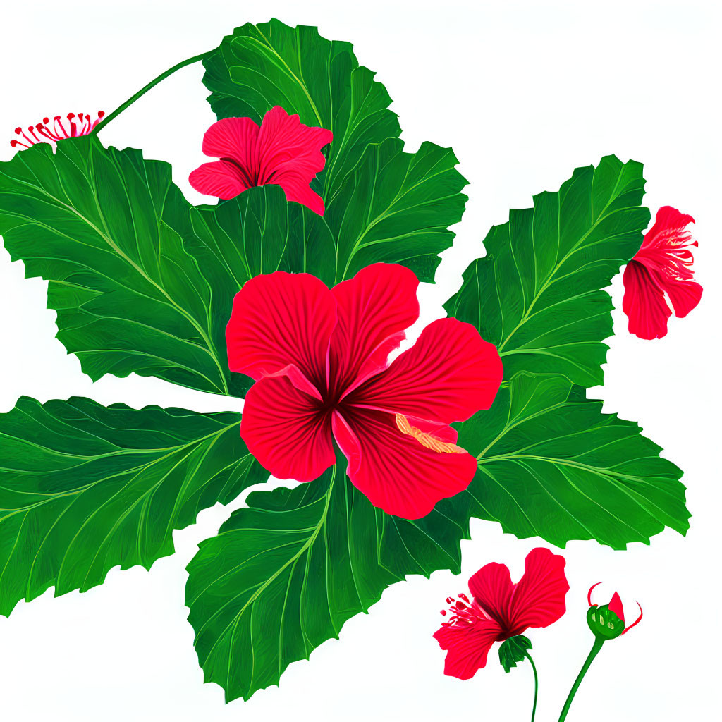 Bright red hibiscus flowers with striking stamens on green leaves - white background