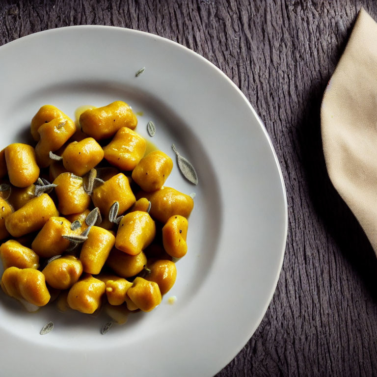 Seasoned Gnocchi on White Plate with Herbs and Napkin on Dark Wood