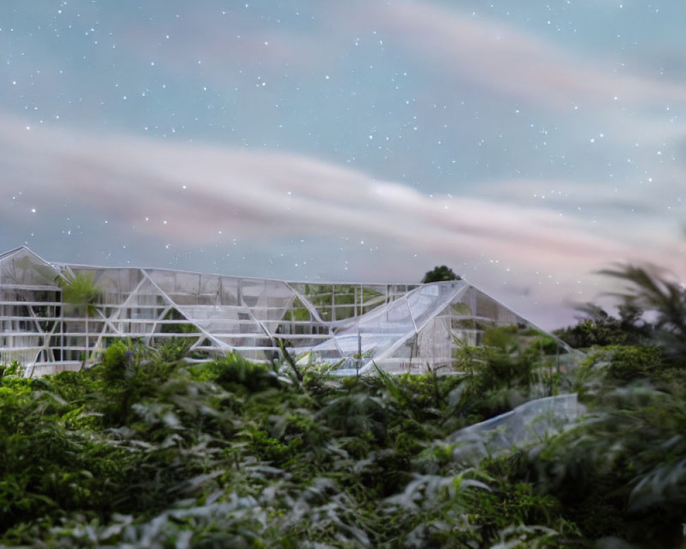 Tranquil nightscape with greenhouse and starry sky