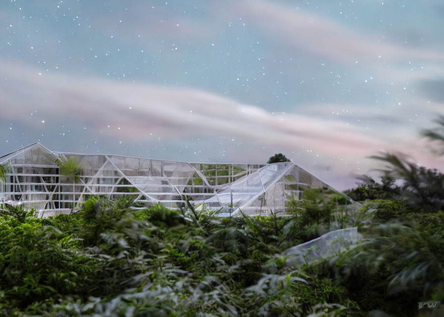 Tranquil nightscape with greenhouse and starry sky